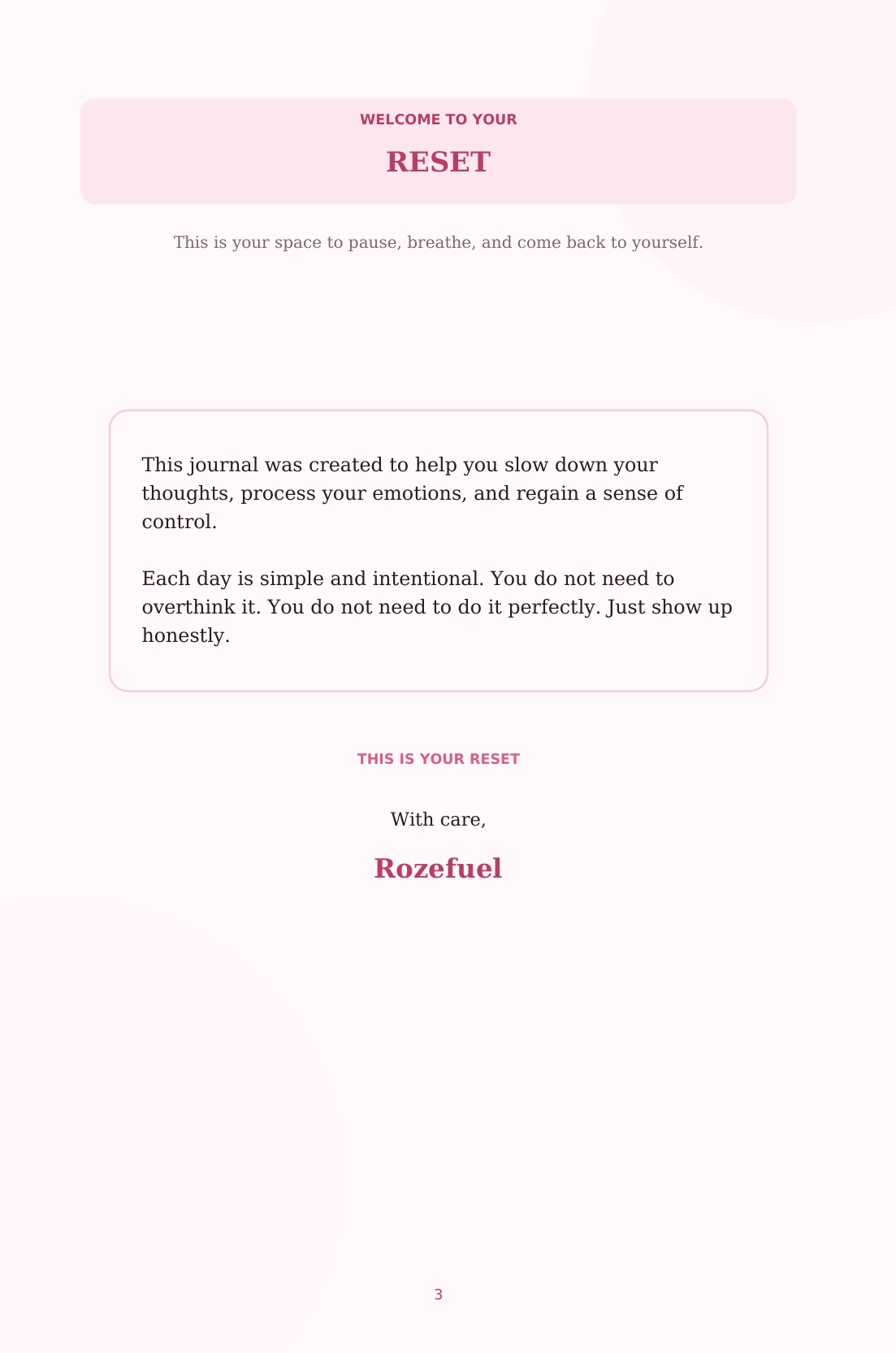 RESET Journal Page 3, Welcome to Your RESET