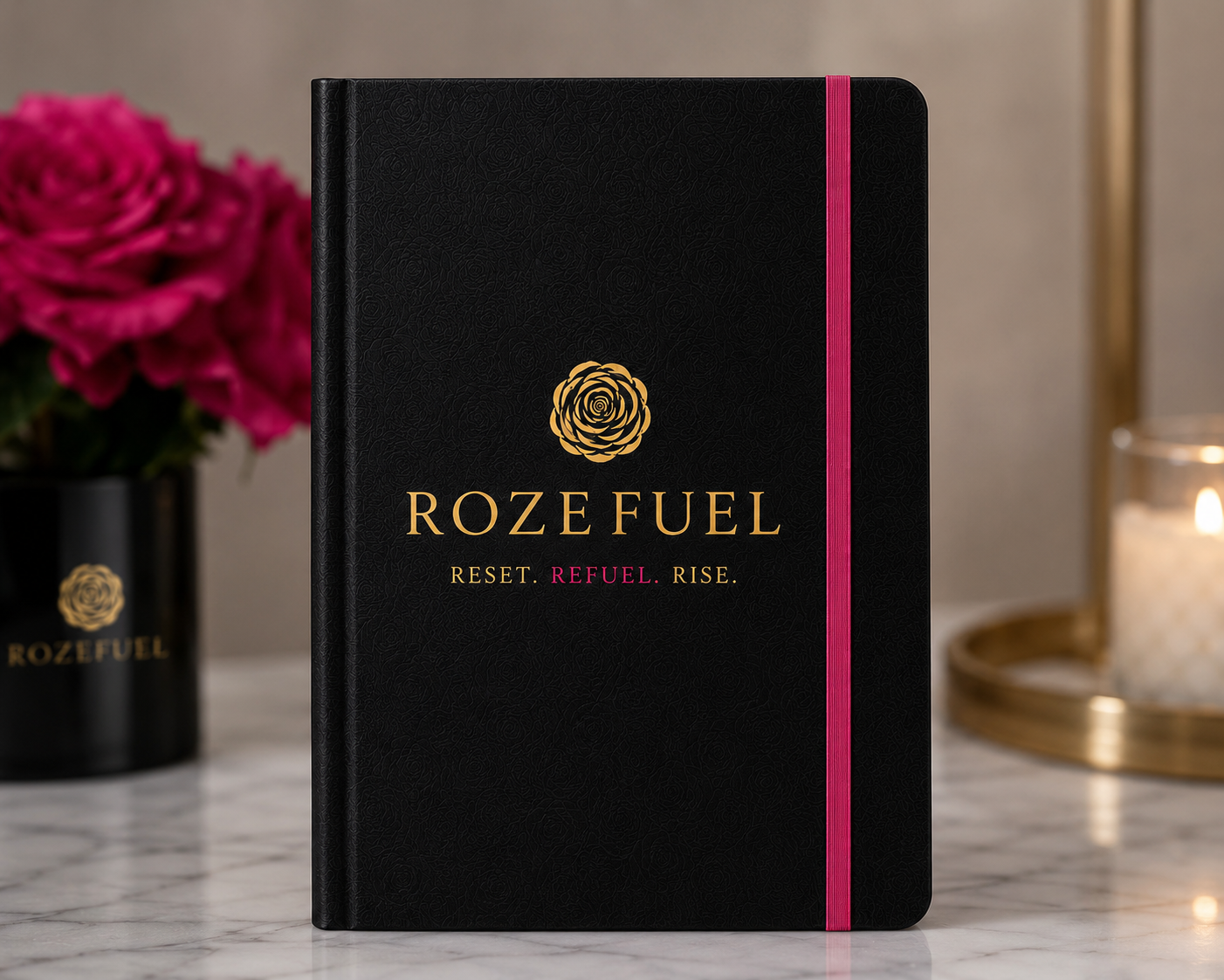 The Rozefuel 7-Day RESET Journal on cream silk with rose petals