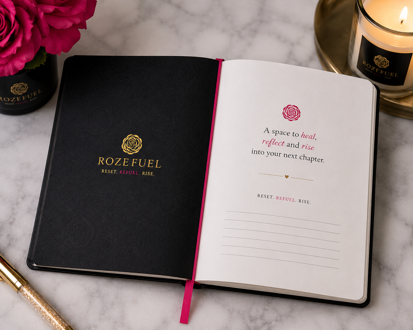 An open Rozefuel journal with cursive notes among rose petals